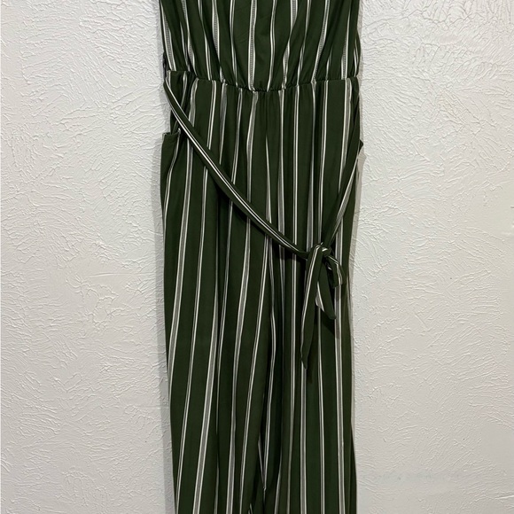 Green and White Pinstriped Wrap Jumpsuit - Picture 1 of 5